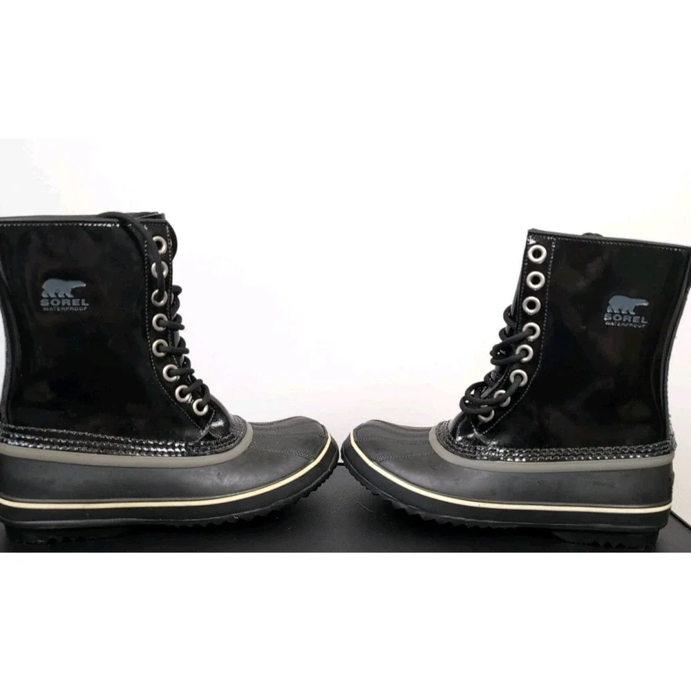 Sorel Boots Womens‎ Sz 7 Patent Black Rain Waterproof Dahlia NL1559-010